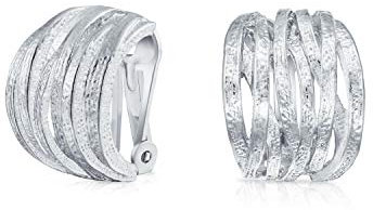 Mode Offene Kreuzschraffur Korbgeflecht Breite Halbkreolen Clip On Ohrringe Für Frauen Nicht Durchstochene Ohren Matt Silber Plattiert