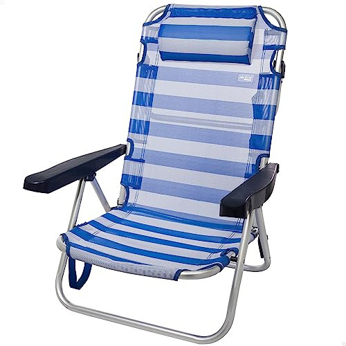 Sedia da spiaggia pieghevole, con cuscino, sedia multiposizione, 5 posizioni, 48x46x84 cm, altezza seduta 21 cm, supporta 100 kg, blu e bianco, Aktive Spiaggia