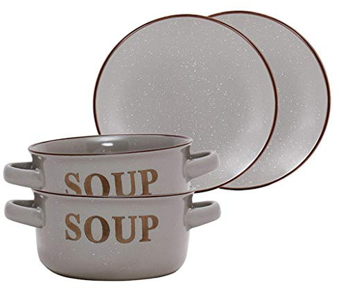 Set of 2 Grey Stoneware Ceramic Soup Bowl and Bread Plates Dishwasher Safe Crockery