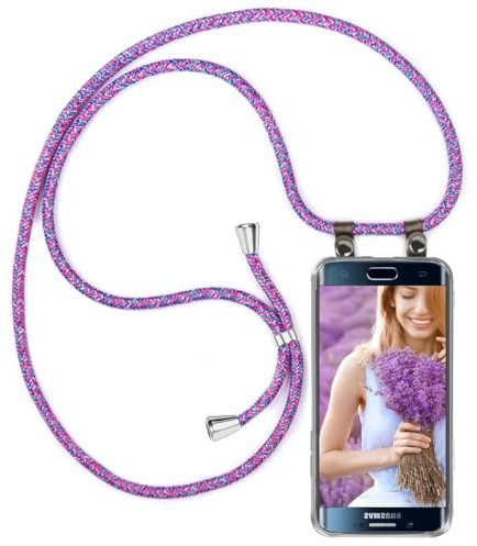 moex Handykette für Samsung Galaxy S6 Edge Hülle mit Band abnehmbar, Handyhülle mit Kette zum Umhängen, Handyband 155 cm lang Stoff Kordel Umhängehülle, Handy Umhängeband, Lila Pink