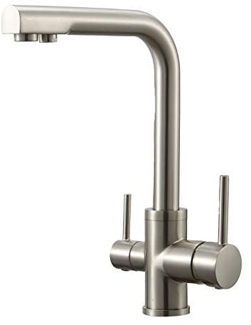 Wasserrhythm 3 Wege Küchenarmatur Küche Armatur Wasserfilter Wasserhahn für Trinkwasser Küchenspüle Doppelgriff Hochdruck 3-In-1 Mischbatterie,hoher Auslauf 360°schwenkbar,Messing Gebürstet Nickel