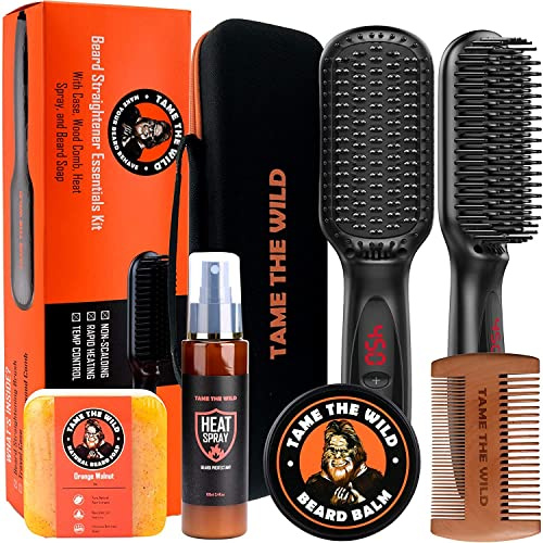TAME THE WILD Make Your Beard BeHAVE Professionellt groomingkit för män – uppvärmt järn med 12 temperaturinställningar, värmeskyddsspray, tvål, balsam, kam och fodral