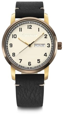WENGER Herren Armbanduhr Attitude Ø 42 mm, Swiss Made, Analog Quarz, Wasserdicht bis 100 m, Leder-Armband, Creme/Gold/Schwarz, 01.1541.124