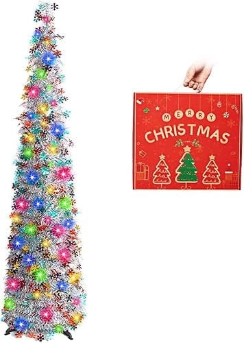 N&T NIETING Tinsel Christmas Tree, 5ft Collapsible Pop Up Silver Christmas Tree with Colourful Snowflakes for Xmas, Party, Home, Office, Fireplace Indoor Outdoor Decoration