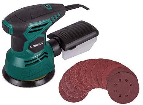 VONROC Levigatrice orbitale 300W - Ø125mm. Include scatola di raccolta polvere e set di carta abrasiva da 12 pezzi