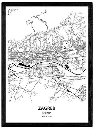 Nacnic Poster mit Karte von Zagreb - Kroatien. Blätter Städte in Europa mit Meeren und Flüssen in schwarzer Farbe. A4-Format