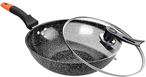 Plancha wok antiadherente con tapa de vidrio templado y asa adecuada para cocina de inducción, estufa de gas, sartén de estufa de gas