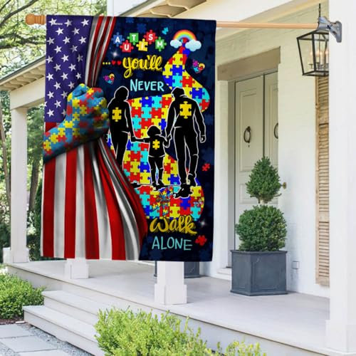 FLAGWIX Amerikanische Flagge, You'll Never Walk Alone, Autismus-Bewusstseins-Flagge, Hausflagge, 74,9 x 100,3 cm, USA-Flagge, Premium-Polyester, dekorative Flagge für drinnen und draußen
