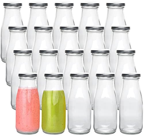 Keyoung Glasflaschen, 340 ml, transparente Glas-Milchflaschen mit silbernen Metalldeckel, Vintage-Trinkflaschen mit Whiteboard-Etiketten und Stift, für Party, Kinder, 20 Stück