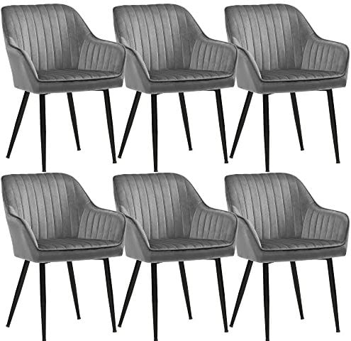 SONGMICS Esszimmerstuhl, 6er Set, Küchenstuhl, Sessel, Samt, Polsterstuhl mit Armlehnen, Loungesessel, bis 120 kg belastbar, Metallbeine, für Esszimmer, Küche, hellgrau-tintenschwarz LDC087G03-6