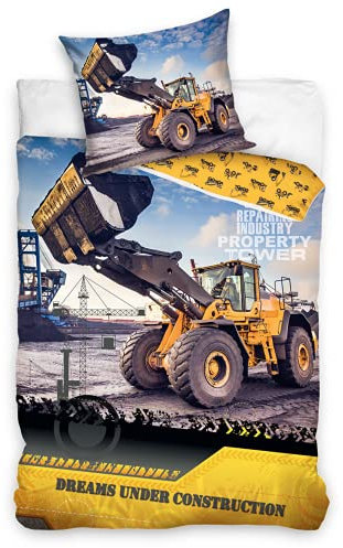 Bagger Bettwäsche Bettbezug 135x200 80x80 Baumwolle · Kinder-Bettwäsche Baustelle für Mädchen und Jungen · 2 teilig · 1 Kissenbezug 80x80 + 1 Bettbezug 135x200 cm Jungenbettwäsche