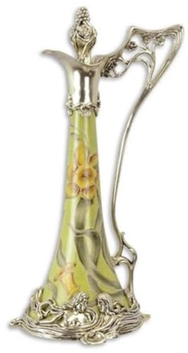 Casa Padrino Jugendstil Weinkrug Grün/Silber 15,5 x 15,2 x H. 33,5 cm - Porzellan Krug mit Deckel und Blumen Design - Barock & Jugendstil Deko Accessoires