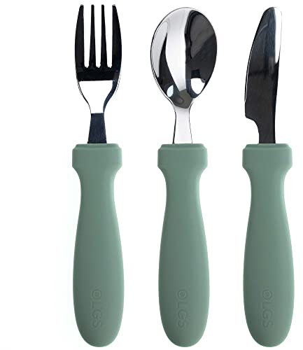 OLGS Silikon Besteck Edelstahl Kinderbesteck 3-teilig | Esslernbesteck, Babybesteck, Babylöffel, Baby Gabel Löffel Esslernlöffel Sage | Lernlöffel, Babygabel Kindergeschirr Fütterungslöffel für Kinder
