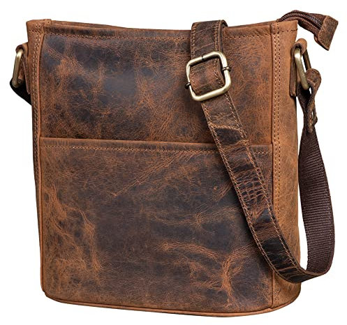 LEABAGS Leder Handtasche Damen I Premium Echtleder Umhängetasche I Damen Schultertasche I Damentasche I Tragetasche für Arbeit Uni Schule Freizeit I Größe M (24 x 23 x 6 cm) I Vintage Dunkelbraun