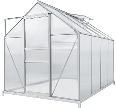 Serra da Giardino in Policarbonato a Forma di Casetta con Porta Scorrevole, 2 Finestrine e Grondaie - Struttura Termoisolante (Lu x La x A) 250 x 190 x 124/195 cm