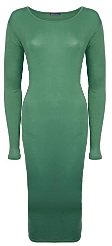 Generation Fashion New Ladies Women Long Sleeves Plain Bodycon Summer Stretch Dress Long Midi Maxi Dress Plus Size[Bottle Green, 16-18]