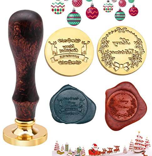 Vintage Wachssiegel Stempel Set,Vintage Wachs Siegelstempel Siegel Set mit Holzgriff und 2 Stück Frohe Weihnachten Messing-Stempelköpfe Wachssiegel Stempel Set für Umschläge Karten Weihnachten