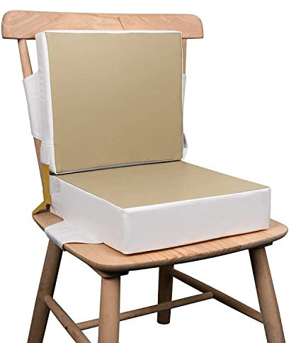 Kalawen Sitzerhöhung Stuhl Kind 2 Stücke Sitzkissen Kinder Baby PU Waschbar Tragbare Stuhl Sitzerhöhung mit Gurte Kindersitzkissen fur Kinder über Zwei Jahre, Khaki