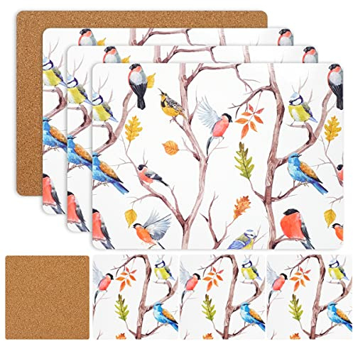 Placemats & Coasters Heat Resistant Dining Mats Set of 8 (Spring Birds) | Heat Resistant Cork Placemats And Coasters Set Of 8 For Dining Tables, Kitchens And Christmas Decor & Practical (21.5 x 29cm)