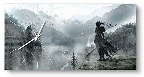 DEQORI Glasuhr | vertikal 60x30 cm | Motiv Ninja steht an der Klippe | große XXL Design Uhr aus Glas | leise Wanduhr für Wohnzimmer & Küche | moderne Hingucker Uhr für die Wand
