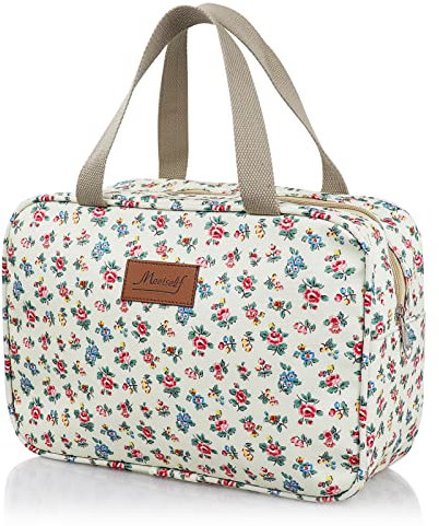Toiletry Bag, Large Travel Hanging Make up Wash Bags, Portable Waterproof Cosmetic Bag, Light Blue White Bear Toiletry Kit, Bathroom Storage Case for Women Girls Ladies (White Floral)