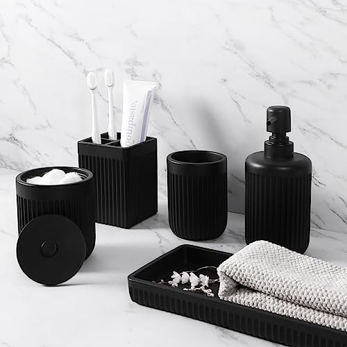 XLHOMO Resin Matte Black Bathroom Accessories Set 5 Pcs - Soap Dispenser, Toothbrush Holder, Tumbler, Qtip Holder, Vanity Tray - Countertop Organizer for Home Apartment