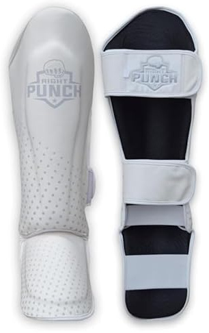 Right Punch Shin Guards Kickboxing Leg Pads with Instep Protection, Muay Thai MMA Martial Arts Kicking Sparring Training Gear – White & Silver (Large)