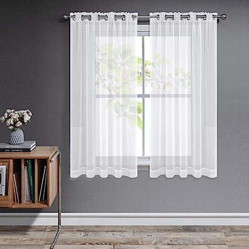 Joydeco Gardinen Kurz mit Ösen Transparente 2er Set, Optik Gardine Voile Ösenvorhang Ösenschal Durchsichtig Vorhang Kurz für Schlafzimmer Wohnzimmer Schlaufenschal (Weiß, 2xH137xB140)