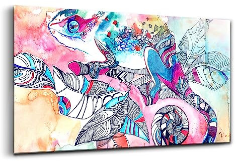 Wallfluent 120x60 cm Wanddekoration Glasbild Wohnzimmerdekoration Glas Küche - Chamäleon auf einem Zweig