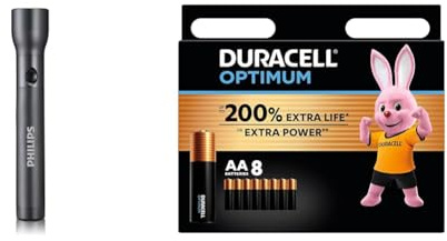 Philips SFL4003T/10 - Linterna LED, 350 Lúmenes, Hasta 120 Horas de Reproducción, Resistente al Agua IPX4, Color Negro (6 Pilas AA Incluidas) + Duracell Optimum Pilas AA (Pack de 8) - Pilas Alcalinas