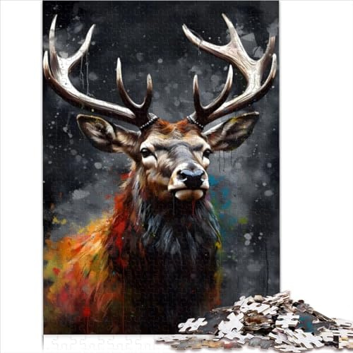 1000 Teile Puzzles Hirsch Ölfarbe Porträt Puzzles für Premium 100% recyceltes Brett Tolles Geschenk für Erwachsene Familie oder Kinder Puzzle (26 x 38 cm)