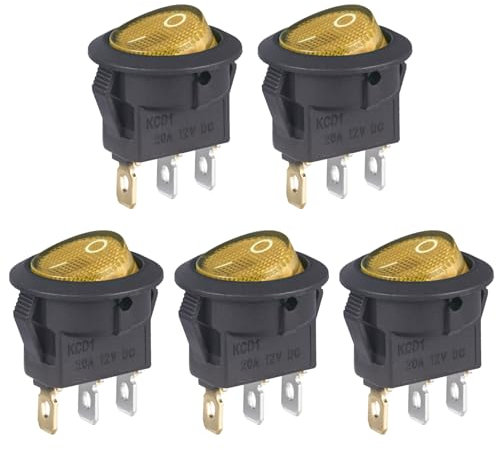 VEXUNGA Interruptor Basculante 12V 20A Redondo Interruptores Palanca 3 Pines ON/OFF 2 Posición Luz Amarillo Encendido/Apagado (Paquete de 5)