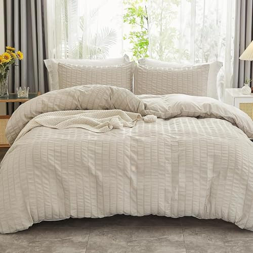 Freyamy Housse de Couette 220x240 Adulte Seersucker Beige Uni Parure de lit | Linge de Lit 2 Personnes Fille, Fermeture Éclair, Housse Couette en Microfibre, 2 Taie d'oreiller 65x65cm, Certifié Oeko-Tex
