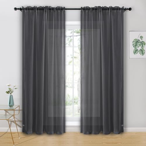 Hiasan Grey Curtains for Living Room Voile Curtain for Bedroom Net Curtains for Window Sheer Curtains With Tiebacks 55 X 72 Inch drop 2 Panels Rod Pocket Top