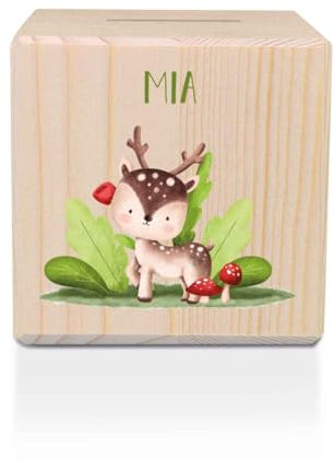 GRAVURZEILE Spardose aus Holz - Waldtiere - mit Namen personalisiert - Personalisierte Geschenke für Mädchen & Jungen zum Geburtstag Kommunion Einschulung - Geschenk für Kinder - REH