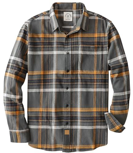 Dubinik® Chemise en flanelle pour homme 100 % coton, chemise à carreaux en flanelle à manches longues, douce, décontractée, à boutons, Gris et jaune., Taille L