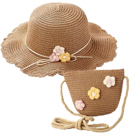 HIMKI Strohhut Tasche Set Kinder Sonnenhut Süßer Sommer Strandhut + Strohtasche für Mädchen Reisehut mit Blumendeko für den Urlaub Reise Outdoor, Kopfumfang: 52-54 cm (Stroh, Kaffee-B)