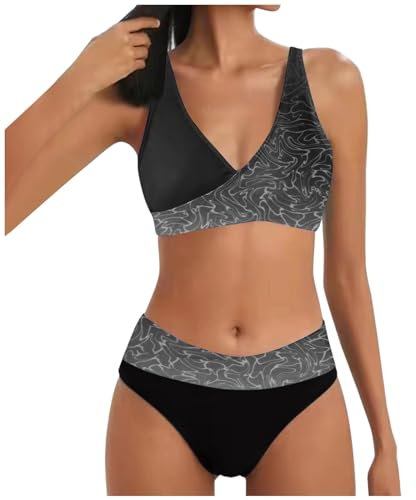 Allegorly Damen Bikini Set Triangel Breites Unterbrustband Zweiteiliger Badeanzug Wickeloptik Lace Up Bikini V Ausschnitt Blumenmuster Zweiteiliger Badeanzug Swimsuit (1A-Grey, L)