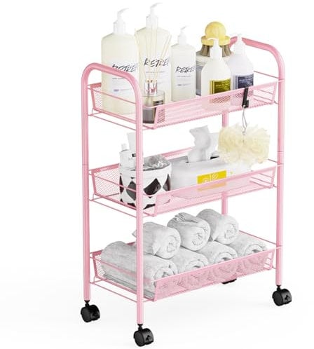 WELDUN Carrello portaoggetti a 3 livelli, carrello a rete, carrello portaoggetti mobile, portatile, stabile e facile da installare, per camera da letto, cucina, bagno, WC, soggiorno, metallo, rosa