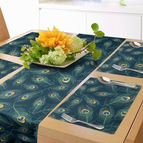 ABAKUHAUS Feder Tischläufer & 4 Stück Tischsets, Bunte nahöstliche exotische Pfau-Feder-Motive auf einem dunklen tonte Hintergrund, Tischdeko-Set, 180 x 40 cm, Dunkelblau Türkis