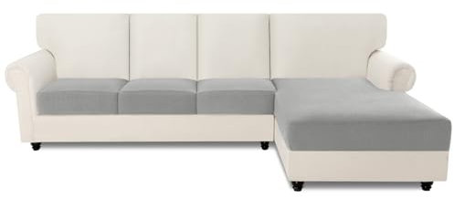 Easy-Going Stretch Sofa Couch Überzug, 4 Stück rutschfeste Sofa Sitzkissenbezüge Ecksofa L U Form, Waschbarer Jacquard Sofaschutz Sofa Cover Hund Katze, 1 Sitzer* 3 + Chaiselongue* 1, Hellgrau