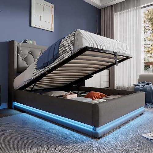 Polsterbett 90x200 cm, LED Einzelbett mit Stauraum und Lattenrost, Kopfteil mit USB Typ C Ladefunktion, Hydraulisch Stauraumbett Funktionsbett Jugendbett Rückenlehne Bettgestell, Grau, Ohne Matratze