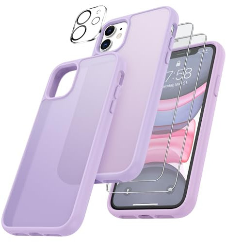 FLLAO 4 en 1 Funda para iPhone 11 con 2 Protector Pantalla y 1 Protector Lente Cámara, [Almohadilla de Aire integrada] Antigolpes Antiarañazos Carcasa 6,1 Pulgadas, Violeta Claro