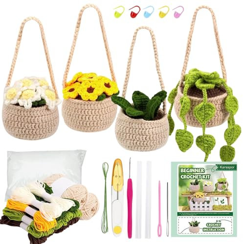 Mineup Crochet Kit for Beginners, 4 Pcs Hanging Potted Plants Crochet Starter Kit, Crochet Potted Plant DIY Crochet Kits, Complete Crochet Kits with Detailed Tutorials, Beginner Crochet Kit for Adults