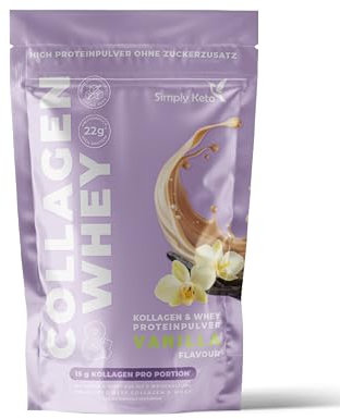 Kollagen & Whey Proteinpulver Vanille - Keto & Lower-Carb Shake, 22g Eiweiß, 0,5g Netto-Kohlenhydrate, Glutenfrei, Stevia gesüßt, Weidehaltung | 15 Portionen