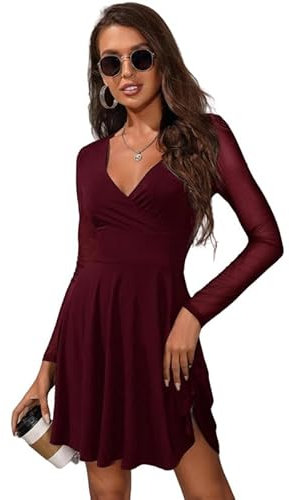 Haibang Women's Deep V Neck Sheer A Line Long Sleeve Mini Dress Flare Hem Party Dress Casual Swing Dresses Burgundy