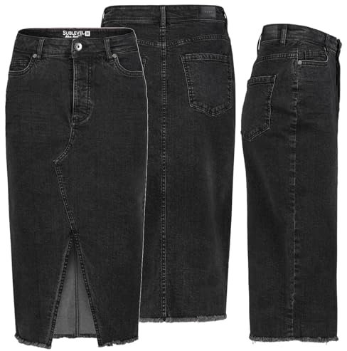 Damen Jeans Rock Rock Maxi Lange Rock Denim Stretch Vintage Used-Look, Größe:S / 36, Präzises Farbe:SCHWARZ