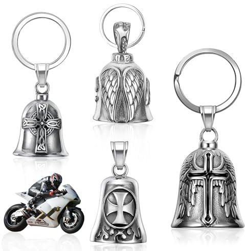 Bukuhlio 4 Stück Guardian Bell Motorrad Glöckchen, Edelstahl Motorrad Glocke Glücksbringer, Schutzglocke Engel Reitglocke, Motorradglocke Schlüsselanhänger für Segne Den Frieden, Glücksbringer