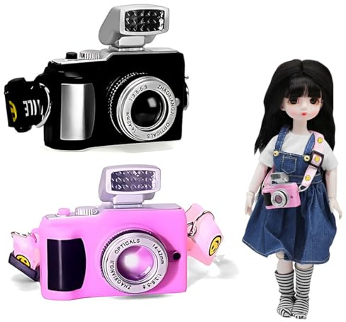 Mini-Puppenhaus-Kamera, 2 Stück Miniatur Kamera mit Blitz, Mini Deko Digitalkamera, Miniatur Kameramodell, Puppenhaus DekorationZubehör, Miniatur Digital Kamera, schwarz rosa