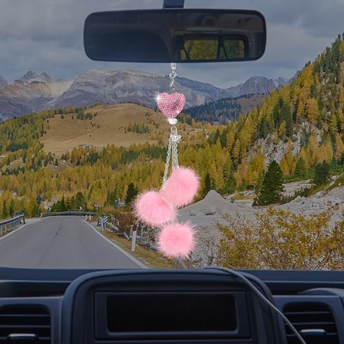 Herz Strass Auto Rückspiegel Ornament Autoanhänger Bling Auto Innen Dekoration mit rosa Plüschball Auto Spiegel Hängender Ornament Auto Bling Anhänger